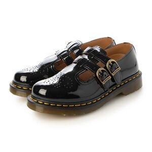 Dr. Martens Black Patent Mary Jane Shoes with Yellow Stitching
